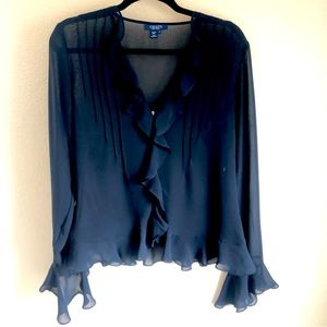 Chaps Size 10 Sheer Navy Ruffled Blouse